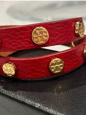 Tory Burch Red Double-Wrap Leather Bracelet with Gold Logo Studs